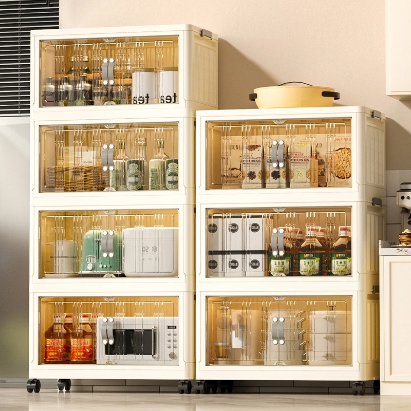 Armário dobrável multiuso empilhado com portas transparentes na cozinha