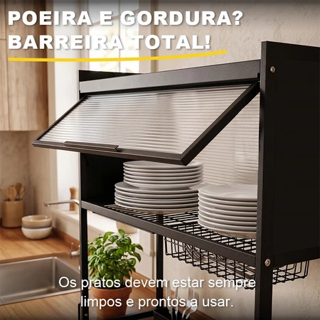 Porta de vidro canelado do escorredor protegendo os pratos da poeira e da gordura