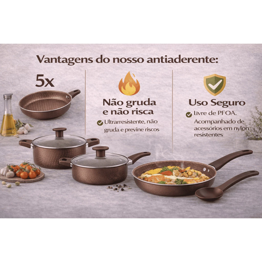 [🔥QUEIMA TOTAL] Jogo de 5 Panelas Marrom Disegno CERAMICA + INOX PREMIUM! — foto 4