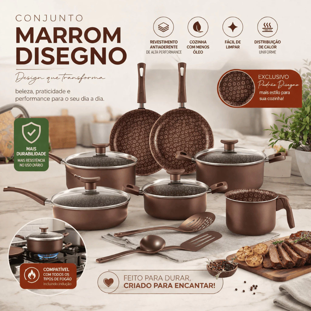 [🔥QUEIMA TOTAL] Jogo de 5 Panelas Marrom Disegno CERAMICA + INOX PREMIUM!